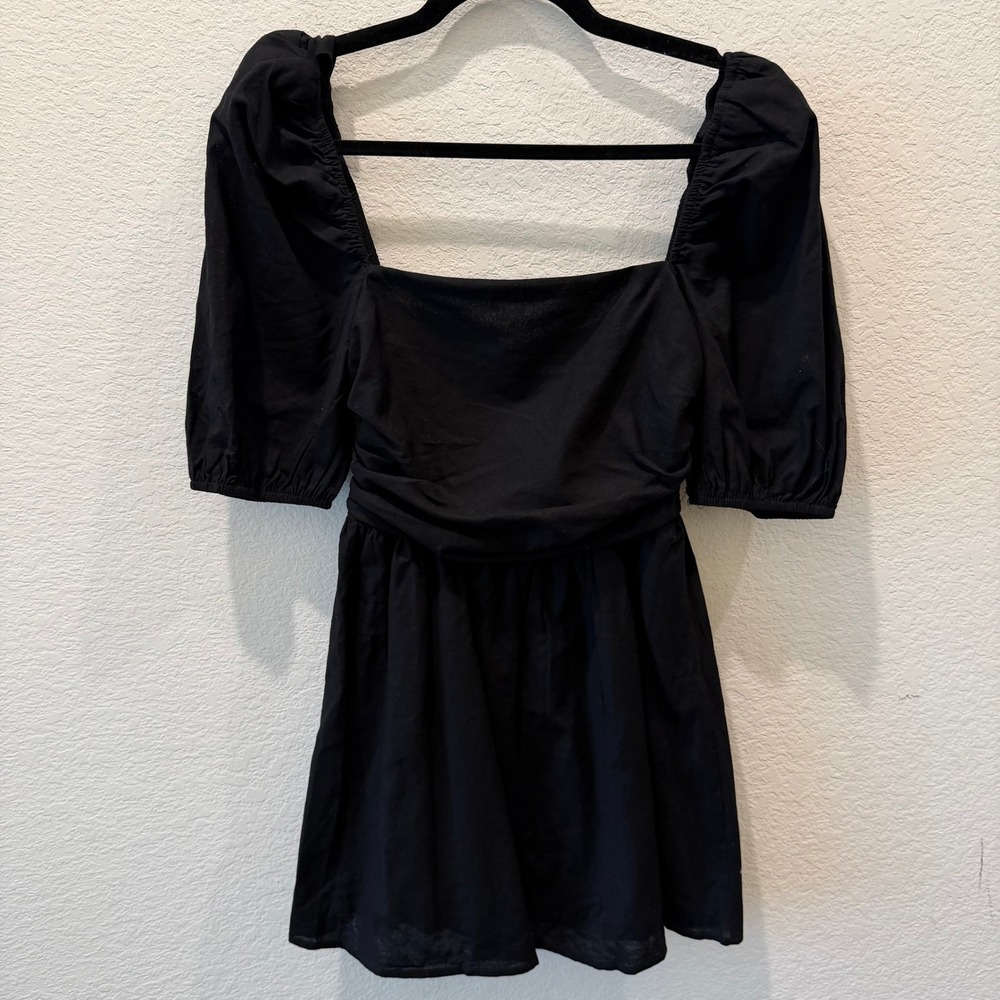 Showpo Black Puff Sleeve Square Neck Ruched Mini Dress NWT Size 0